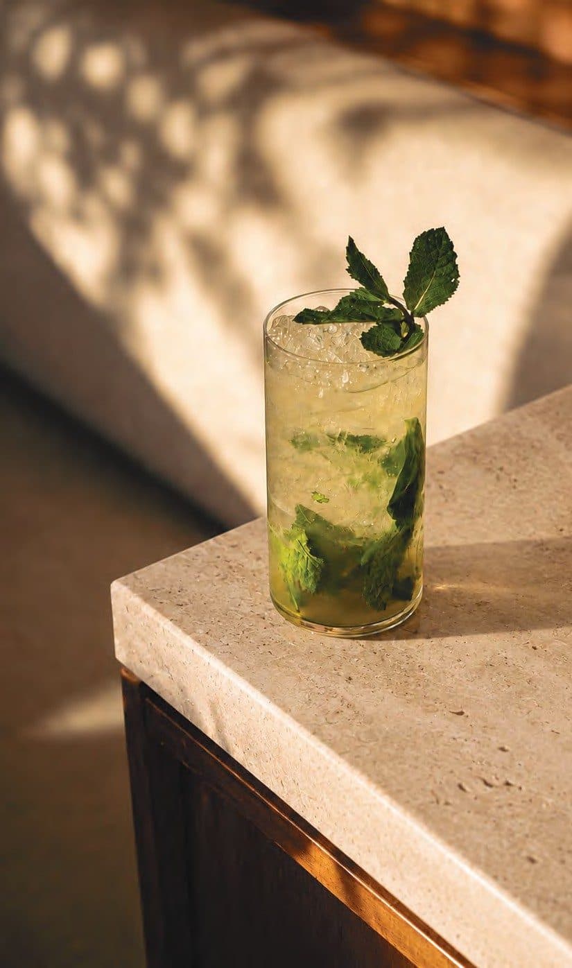 Mojito served on a travertine ledge