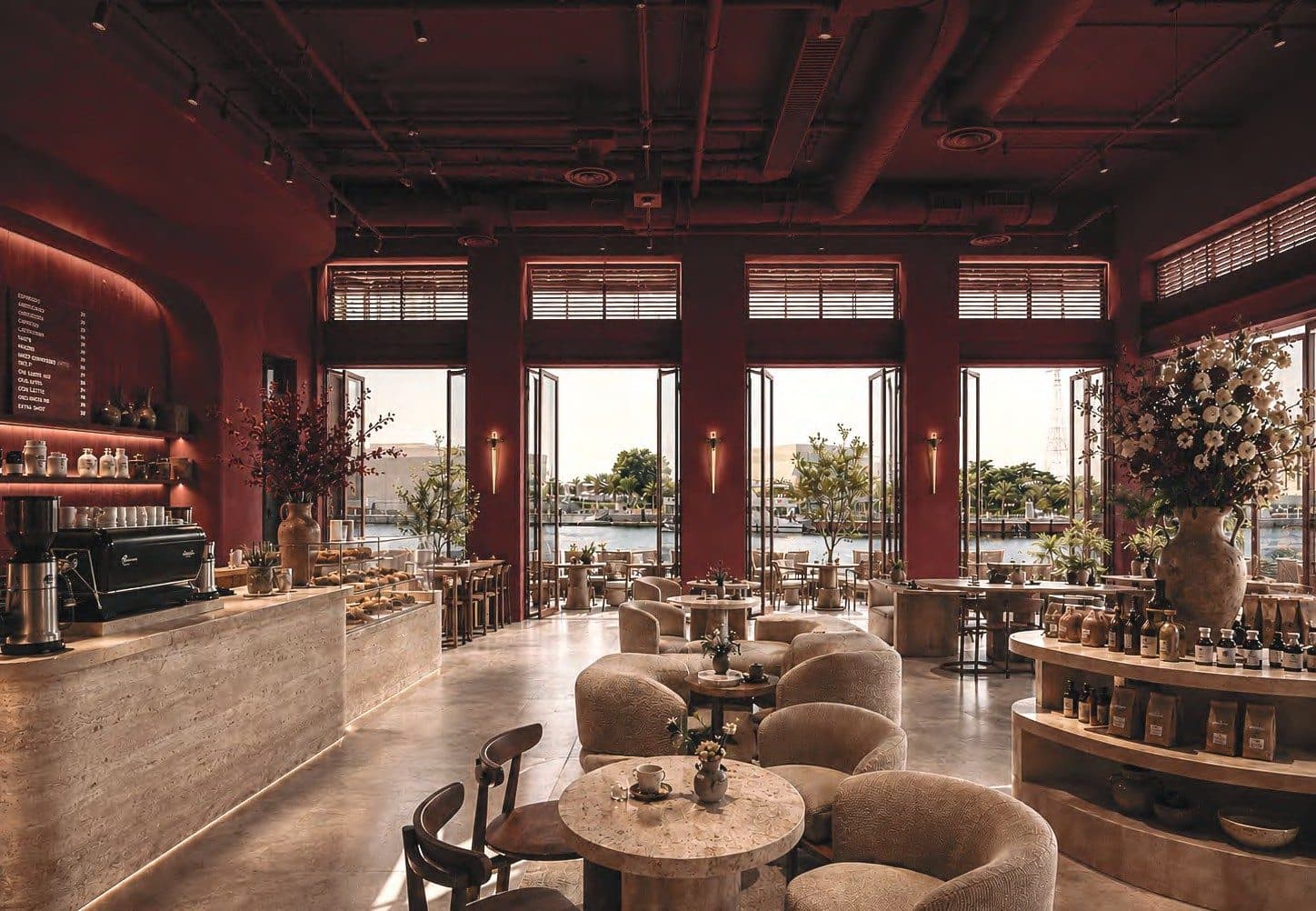 LYDYA's warm, burgundy-toned café interior overlooking the Mariam Island waterfront